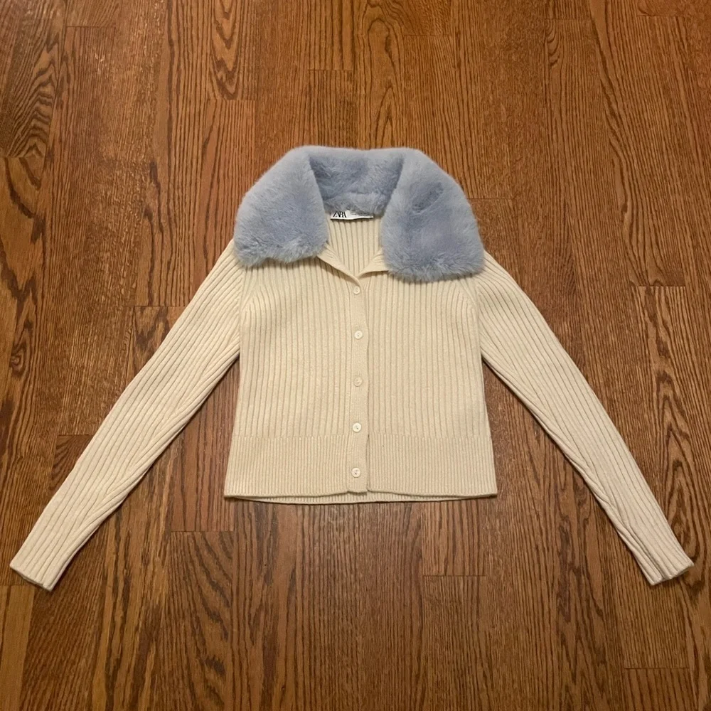 Zara Faux Fur Collar Sweater Knit Cardigan Women’s Size SMALL